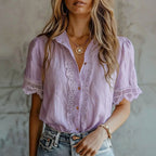 Amanda - Women's Puff Sleeve Lace Placket Blouse