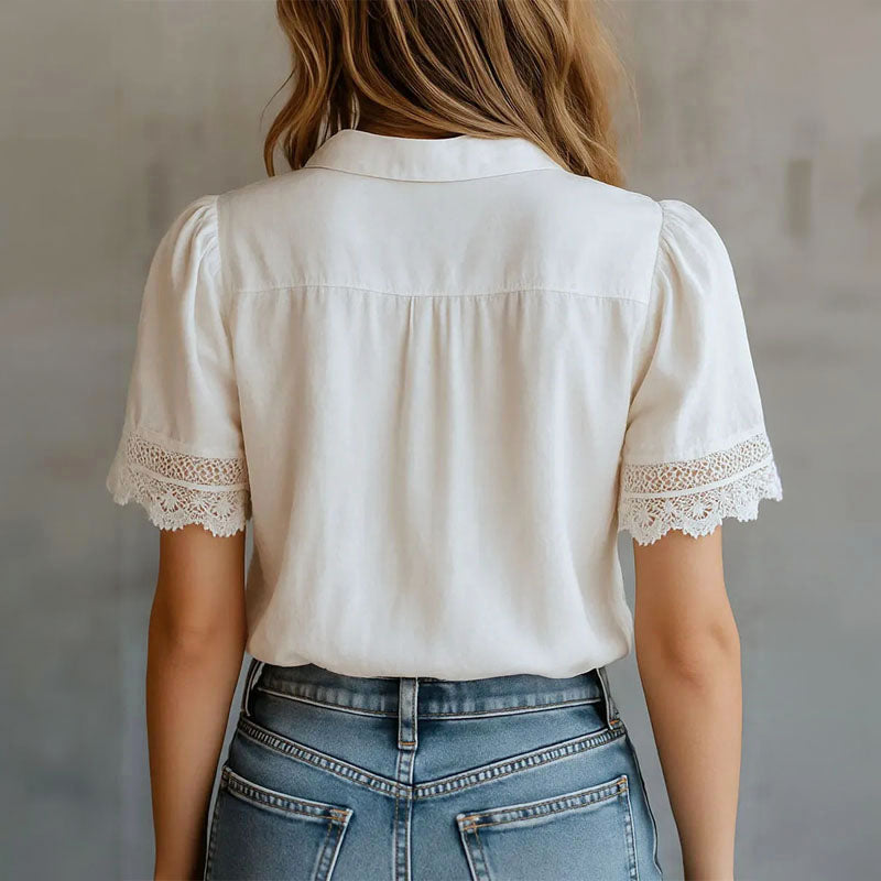 Amanda - Women's Puff Sleeve Lace Placket Blouse