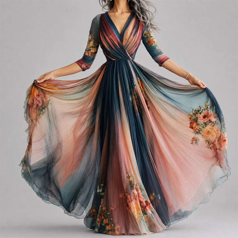 Amber - Women's V-Neck Flowy Maxi Dress