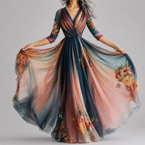 Amber - Women's V-Neck Flowy Maxi Dress
