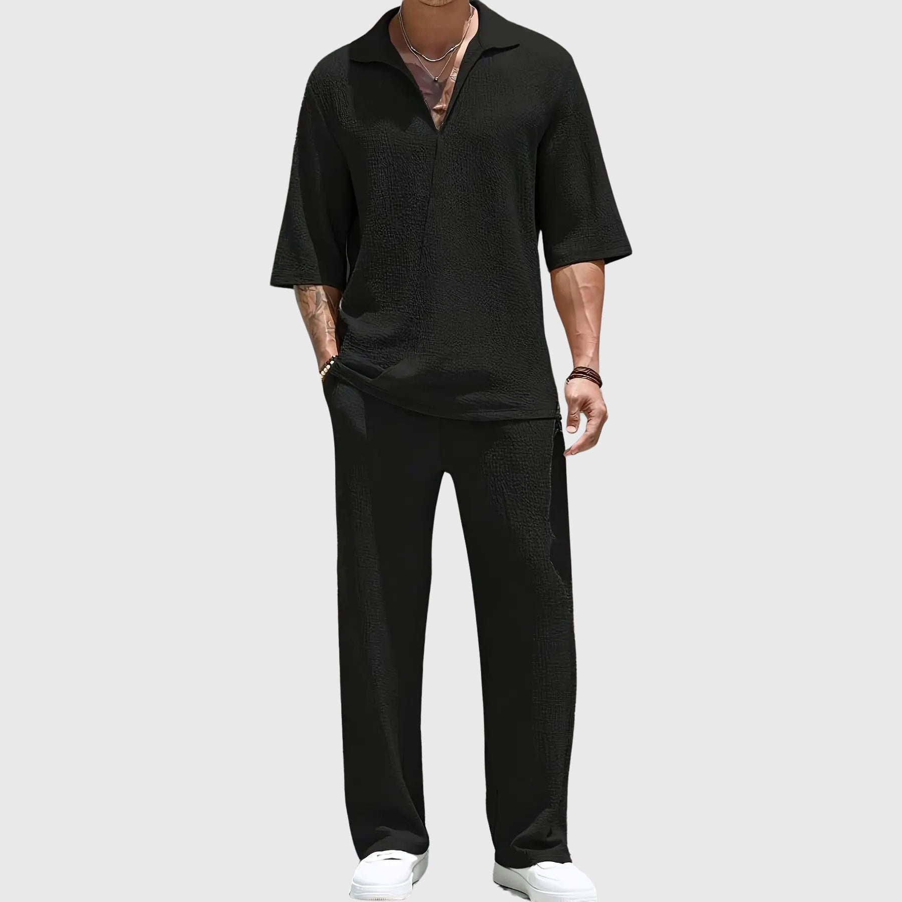 Andrew - Men's Crinkle Knit Half-Placket Shirt and Pants Set