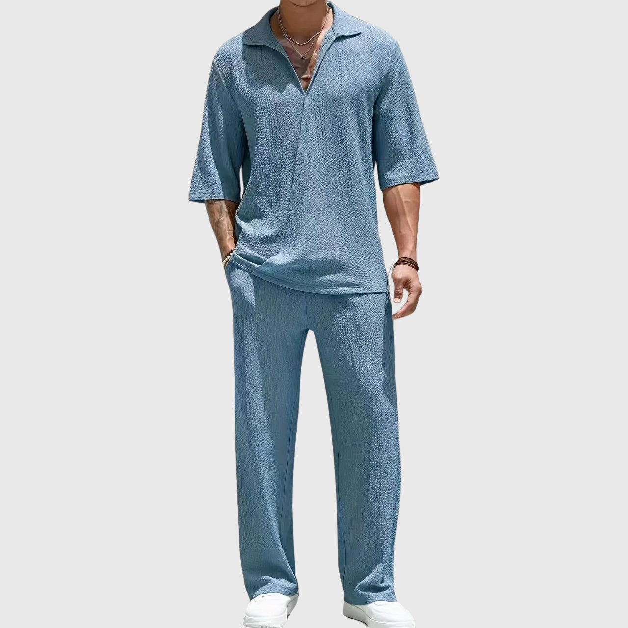 Andrew - Men's Crinkle Knit Half-Placket Shirt and Pants Set