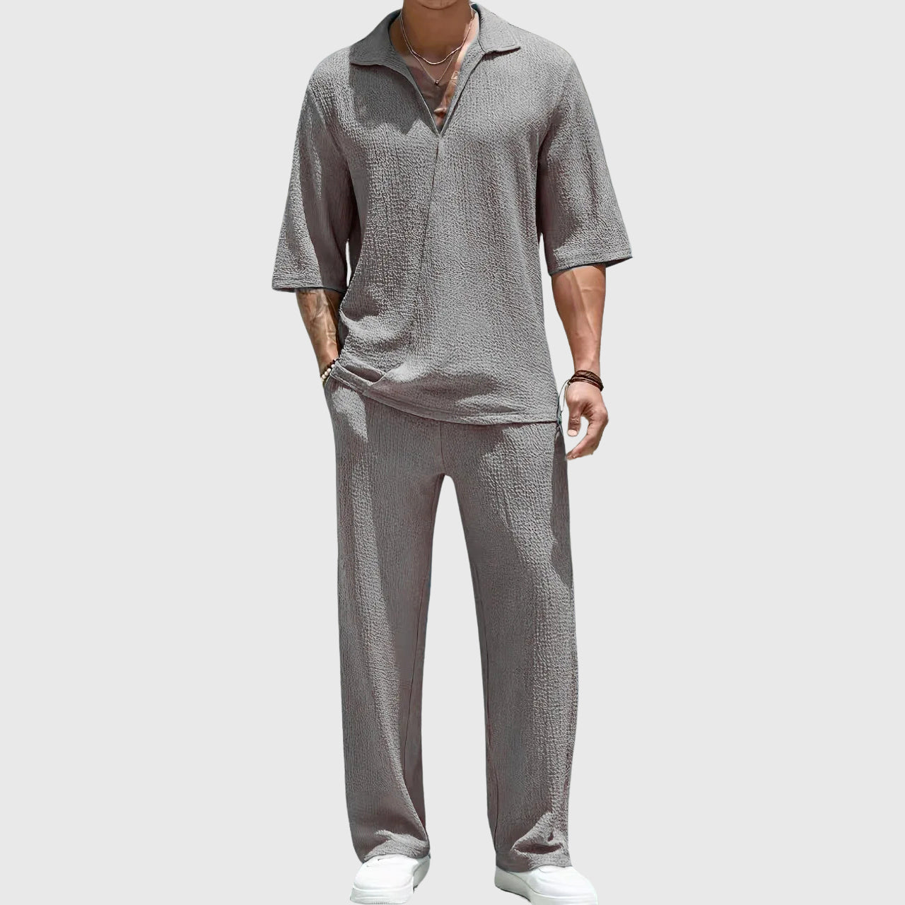 Andrew - Men's Crinkle Knit Half-Placket Shirt and Pants Set