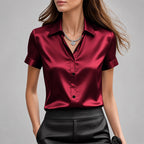 Arlette - Women's Short Sleeve Satin Button-Up Blouse