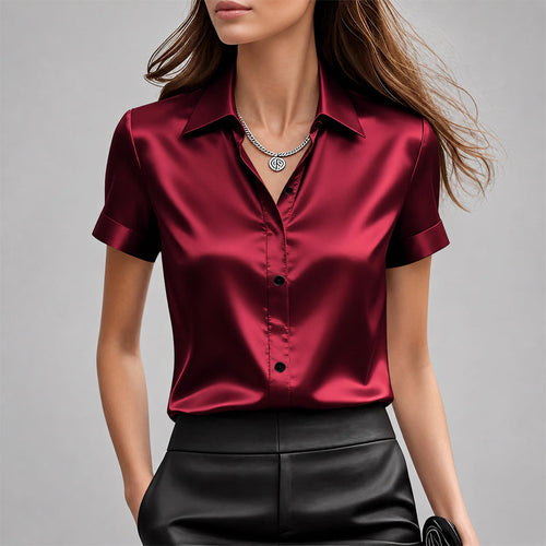 Arlette - Women's Short Sleeve Satin Button-Up Blouse