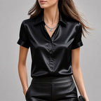 Arlette - Women's Short Sleeve Satin Button-Up Blouse