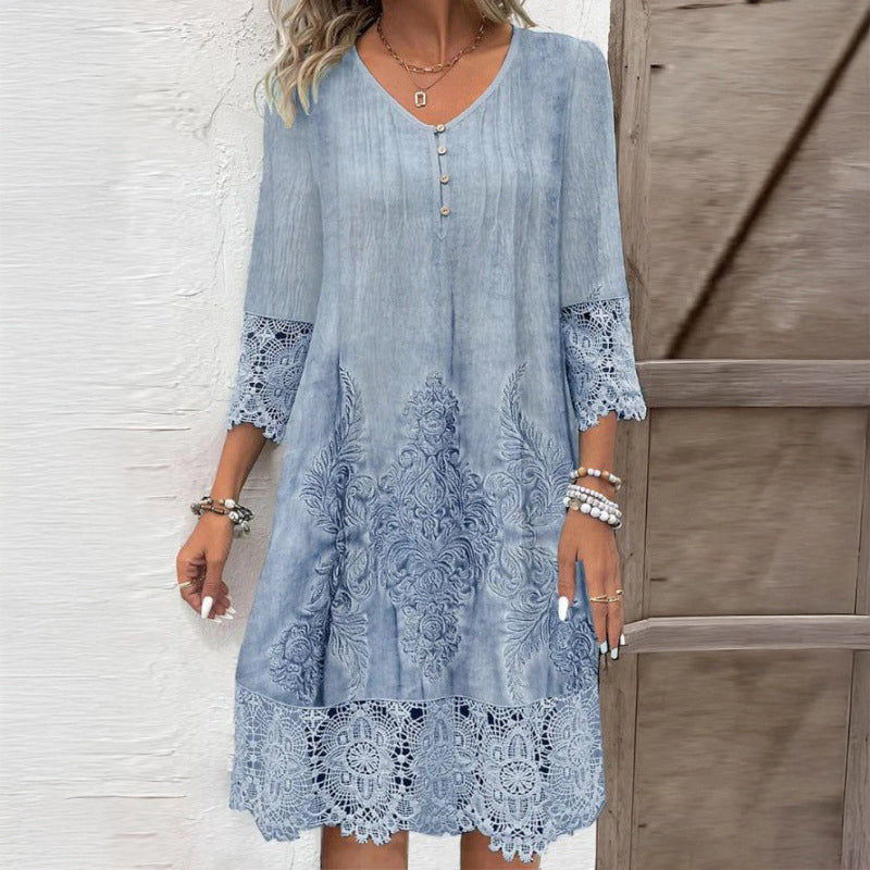 Blythe - Women's Button Detail Lace Trim Dress