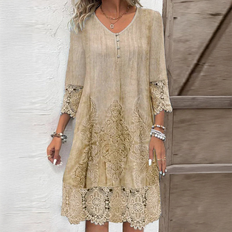 Blythe - Women's Button Detail Lace Trim Dress