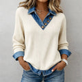 Brynlee - Women's Ribbed Knit Sweater with Denim Collar