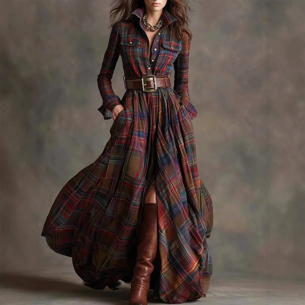 Calista - Women's Plaid Maxi Shirt Dress