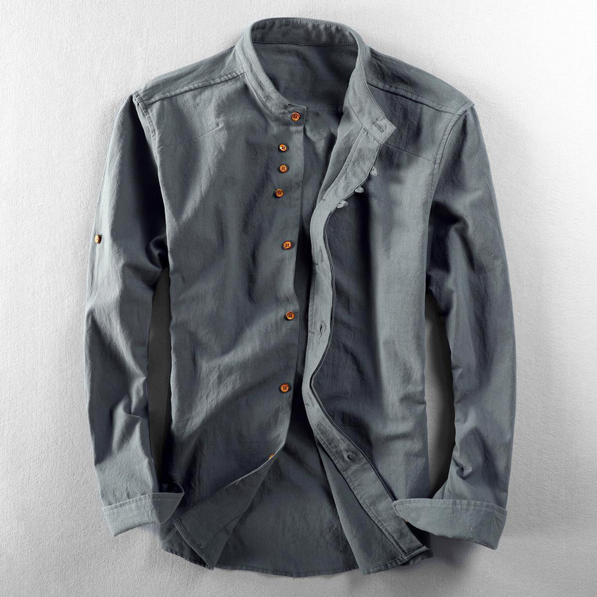 Callan - Men's Linen Mandarin Collar Button-Up Shirt