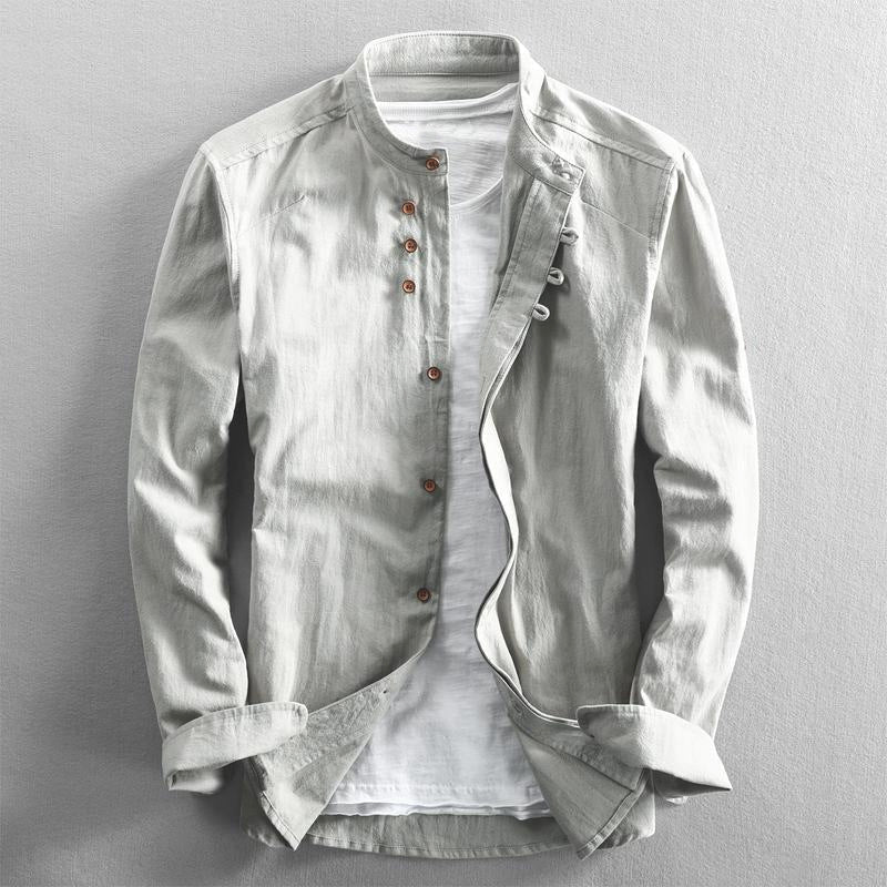 Callan - Men's Linen Mandarin Collar Button-Up Shirt