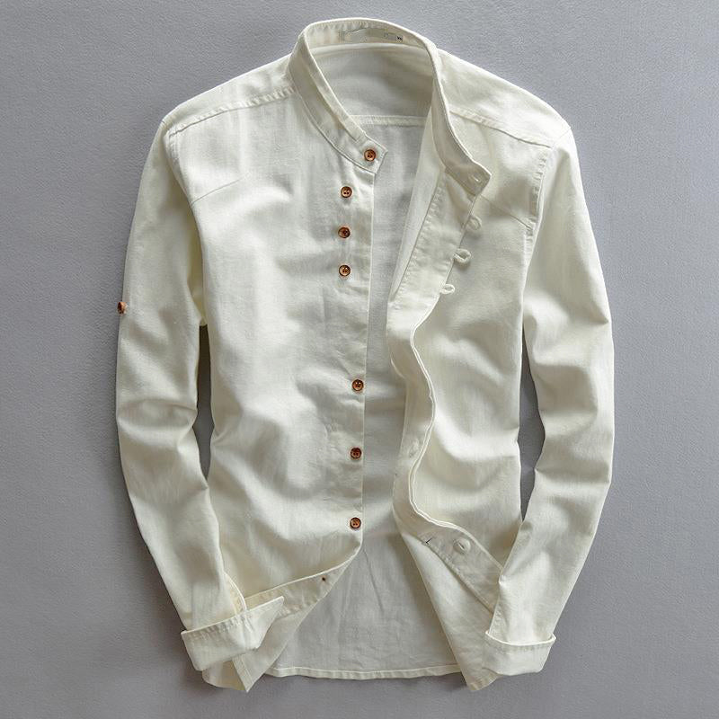 Callan - Men's Linen Mandarin Collar Button-Up Shirt