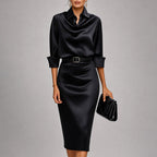 Collins - Women's Belted Collared Satin Midi Dress