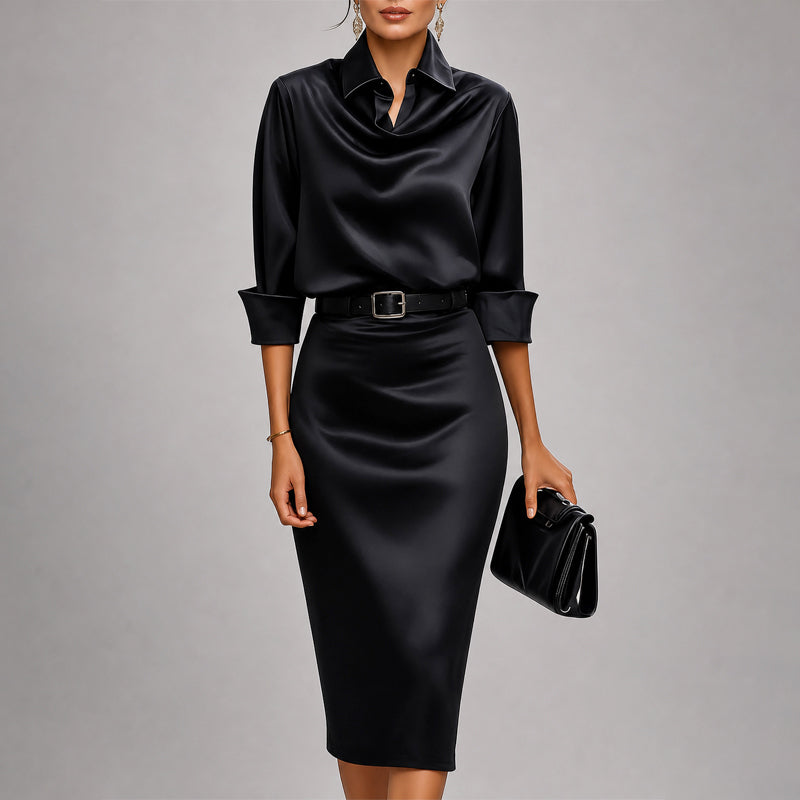 Collins - Women's Belted Collared Satin Midi Dress
