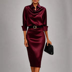 Collins - Women's Belted Collared Satin Midi Dress