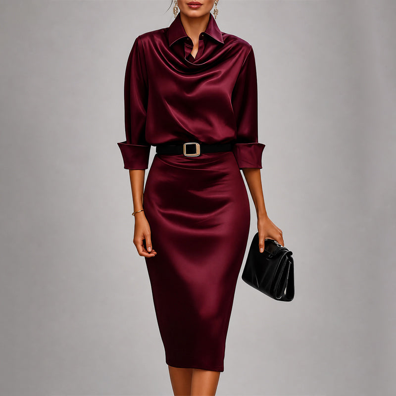 Collins - Women's Belted Collared Satin Midi Dress