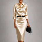 Collins - Women's Belted Collared Satin Midi Dress