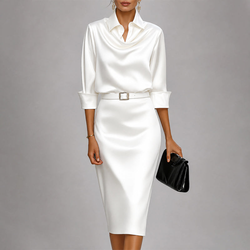 Collins - Women's Belted Collared Satin Midi Dress