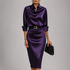 Collins - Women's Belted Collared Satin Midi Dress