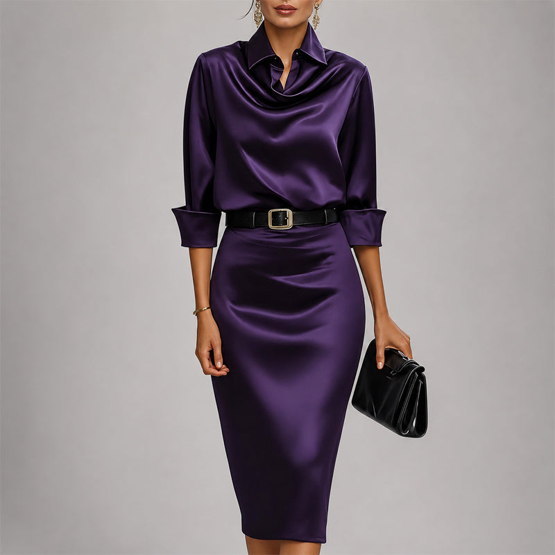Collins - Women's Belted Collared Satin Midi Dress