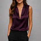 Diana - Women's Deep V-Neck Satin Sleeveless Shirt