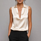 Diana - Women's Deep V-Neck Satin Sleeveless Shirt
