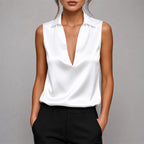 Diana - Women's Deep V-Neck Satin Sleeveless Shirt