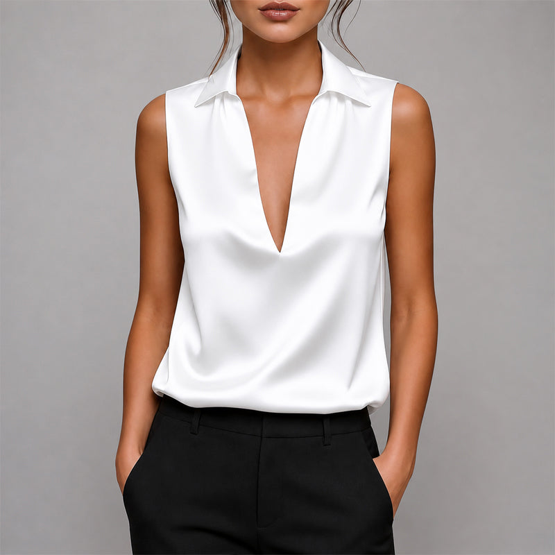 Diana - Women's Deep V-Neck Satin Sleeveless Shirt