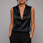 Diana - Women's Deep V-Neck Satin Sleeveless Shirt
