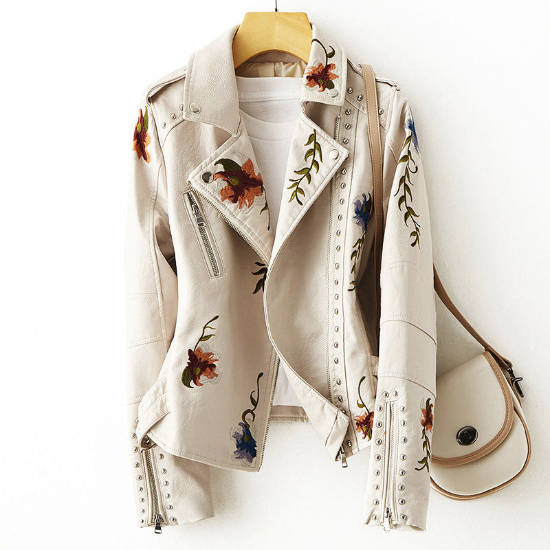 Diana - Women's Embroidered Floral Leather moto Jacket