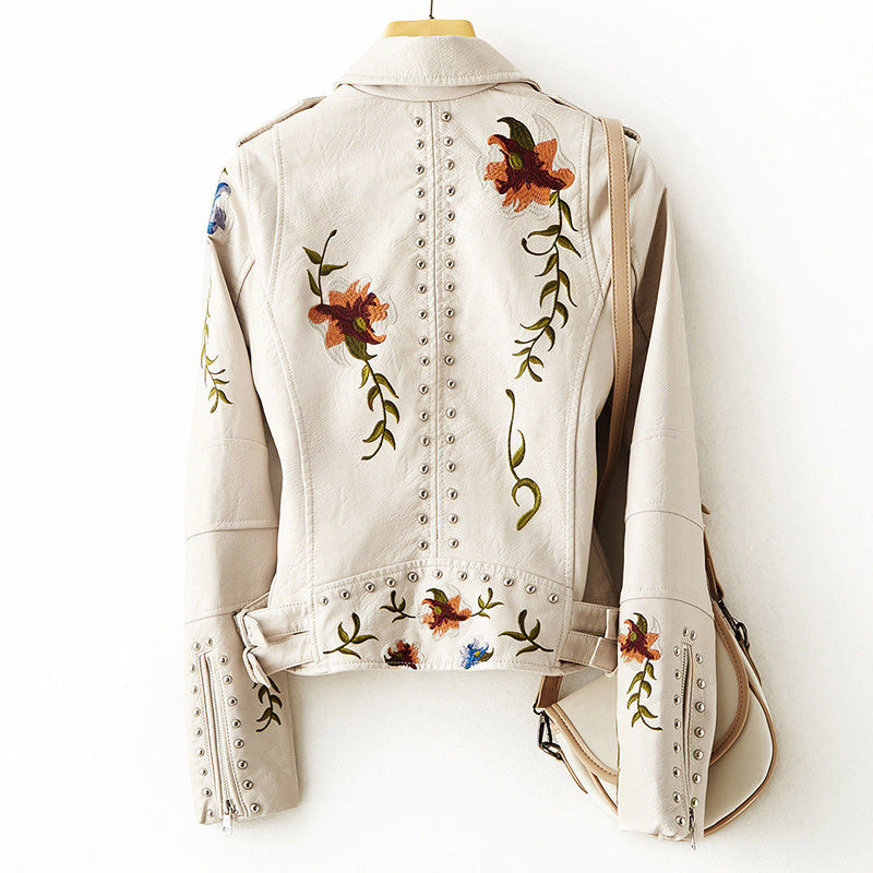 Diana - Women's Embroidered Floral Leather moto Jacket