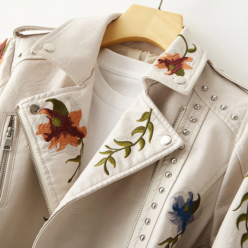 Diana - Women's Embroidered Floral Leather moto Jacket