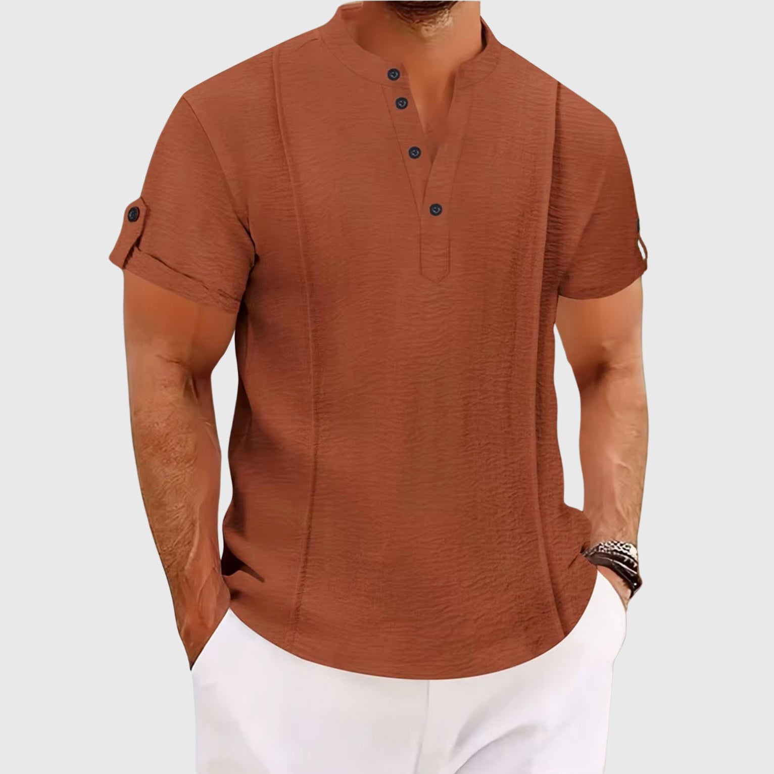 Edmund - Men's Roll Sleeve Band Collar Shirt