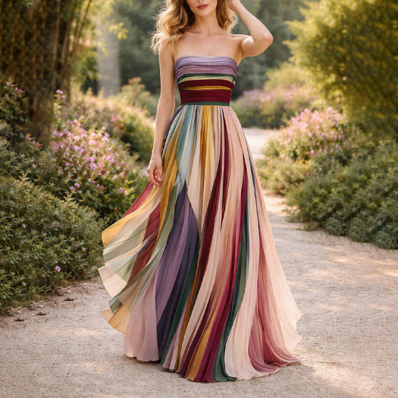 Ella - Women's Multicolor Striped Strapless Chiffon Maxi Dress