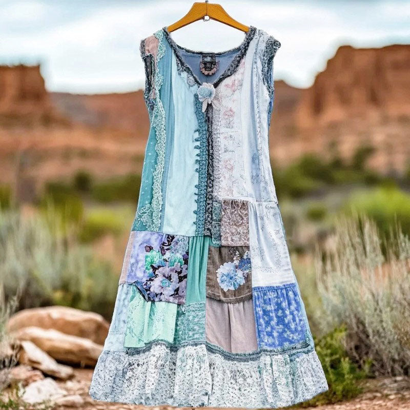 Finley - Women's Boho Patchwork Lace Trim Maxi Dress