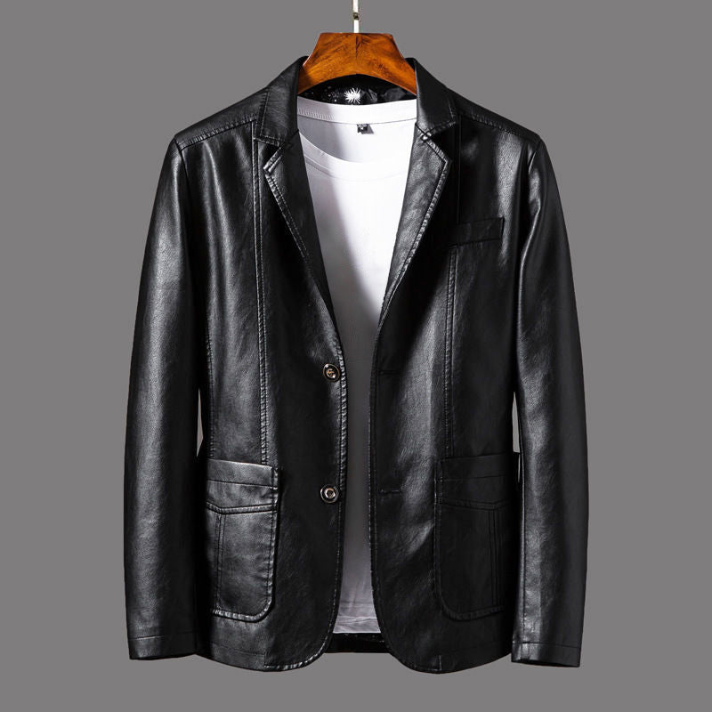 Geo - Men's Faux Leather Single-Breasted Blazer