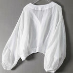 Hannah - Women's Cropped V-Neck Balloon Sleeve Blouse