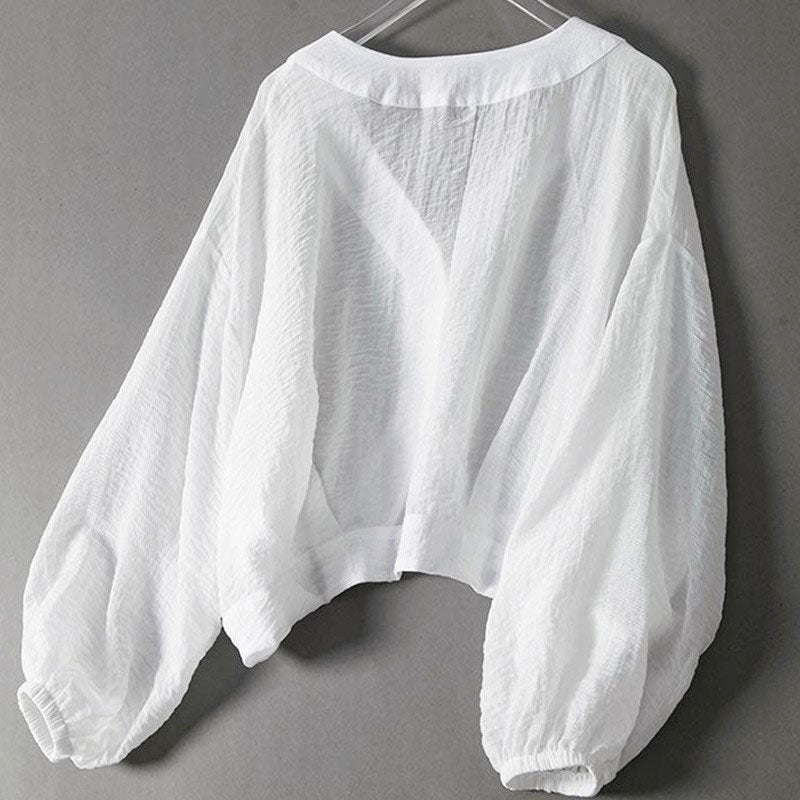 Hannah - Women's Cropped V-Neck Balloon Sleeve Blouse