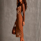 Ingvild - Women's Floral Appliqué Sheer Sleeve Midi Dress