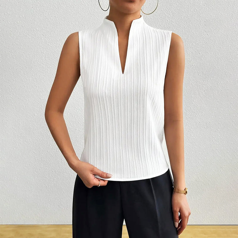 Ivy - Women's Sleeveless Striped Stand-Collar V-Neck Blouse
