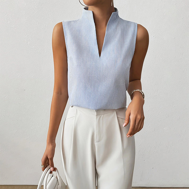 Ivy - Women's Sleeveless Striped Stand-Collar V-Neck Blouse
