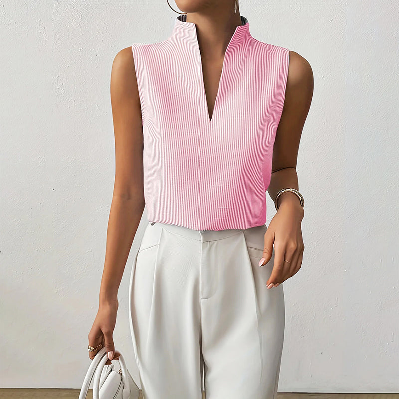 Ivy - Women's Sleeveless Striped Stand-Collar V-Neck Blouse