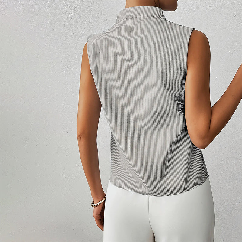 Ivy - Women's Sleeveless Striped Stand-Collar V-Neck Blouse