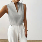 Ivy - Women's Sleeveless Striped Stand-Collar V-Neck Blouse