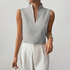 Ivy - Women's Sleeveless Striped Stand-Collar V-Neck Blouse
