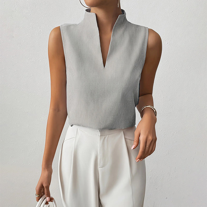 Ivy - Women's Sleeveless Striped Stand-Collar V-Neck Blouse