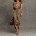 Jasmin - Women's Deep V-Neck Ruched Ruffle Maxi Dress