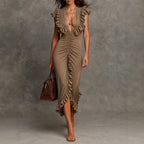 Jasmin - Women's Deep V-Neck Ruched Ruffle Maxi Dress