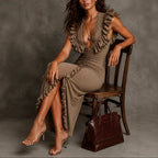 Jasmin - Women's Deep V-Neck Ruched Ruffle Maxi Dress
